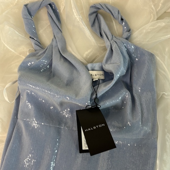 HALSTON Women's Keira Twist Strap Midi Dress in Soft Sequins Sky Blue - Picture 7 of 12